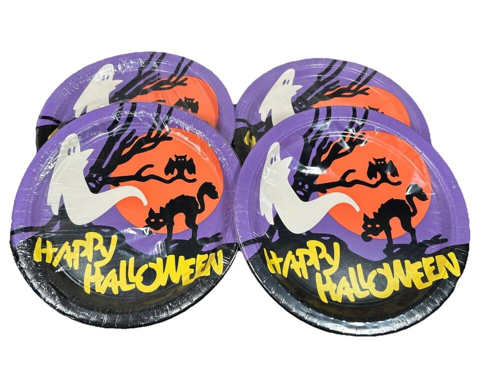 Vintage 90s Party House Halloween Ghost Cat 10.5” Dinner Plates 4 Packs of 8